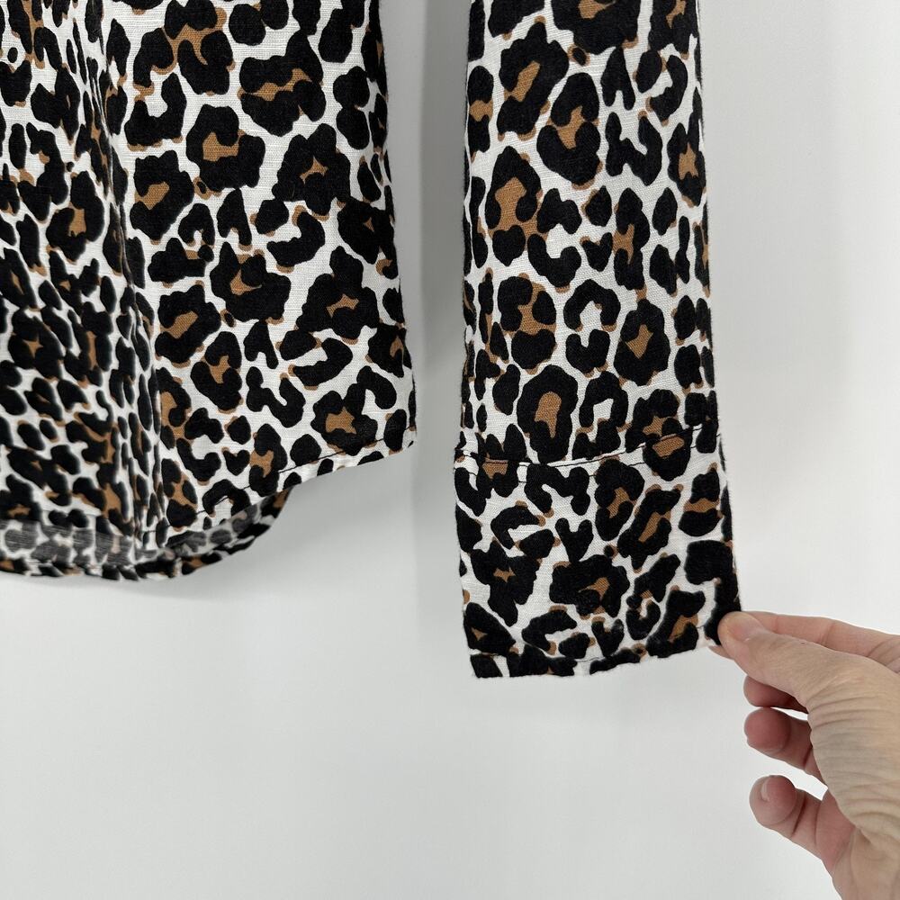 J Crew Shirt Womens 0 Leopard Print Linen Cotton Button Front Slim Preppy - Picture 7 of 10